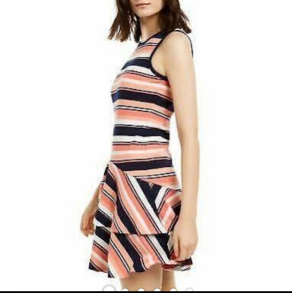 Michael Kors Coral Peach Ottoman Striped Flounce Hem Sleeveless Dress Size Small